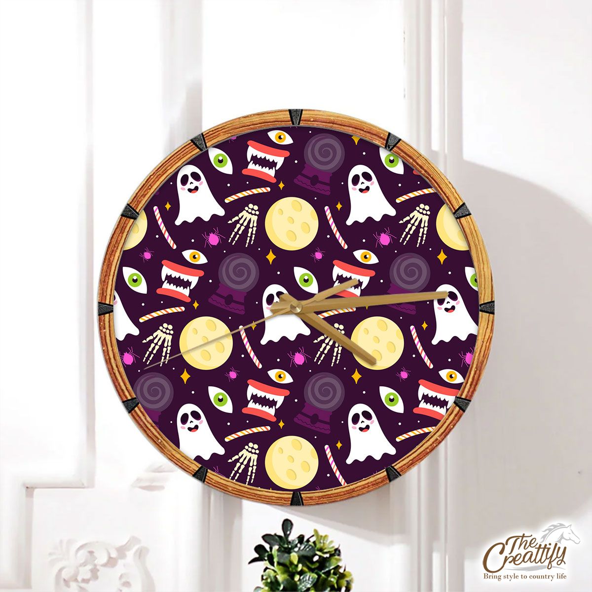 Scary Halloween, Halloween Candy With Boo, Creepy Hand, Halloween Skeleton Purple Wall Clock