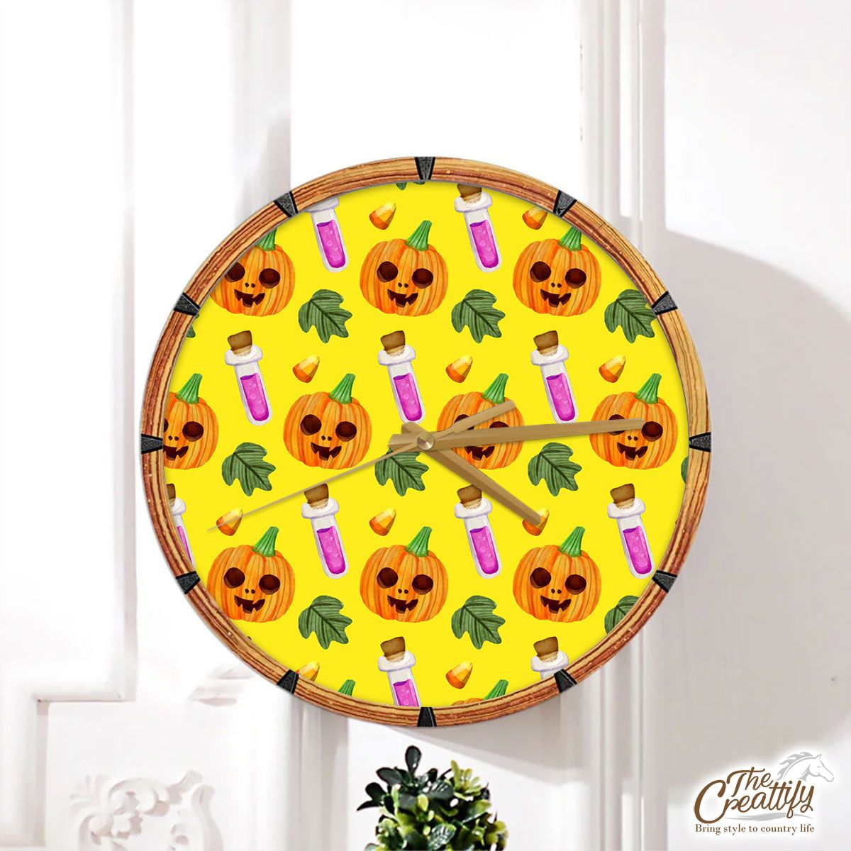 Scary Pumpkin Face and Witch Potions Yellow Halloween Wall Clock