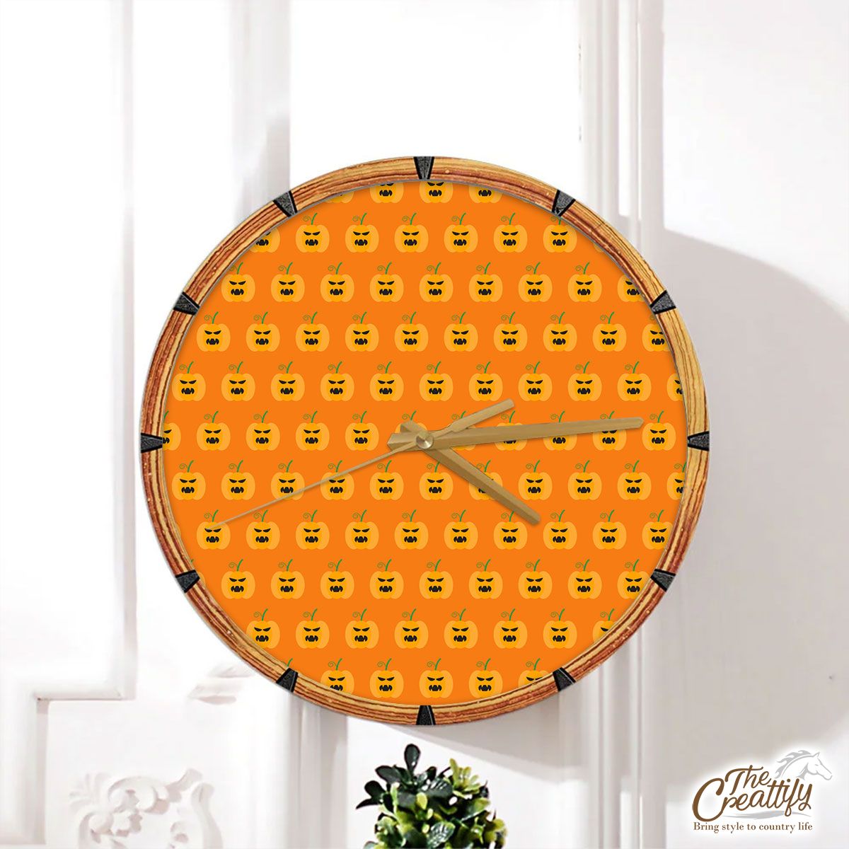 Scary Pumpkin Faces On Halloween Background Wall Clock