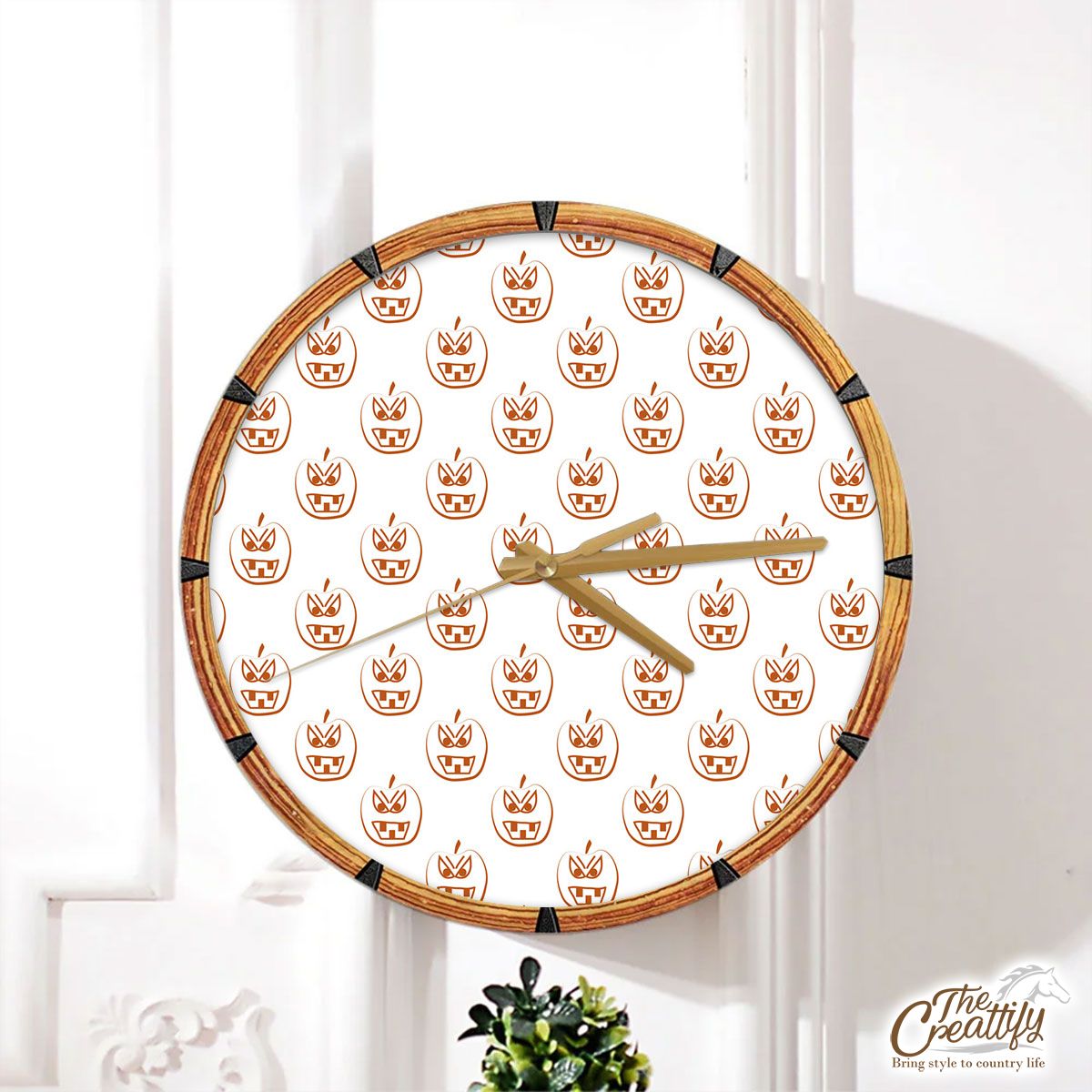 Scary Pumpkin Faces On White Background Halloween Wall Clock