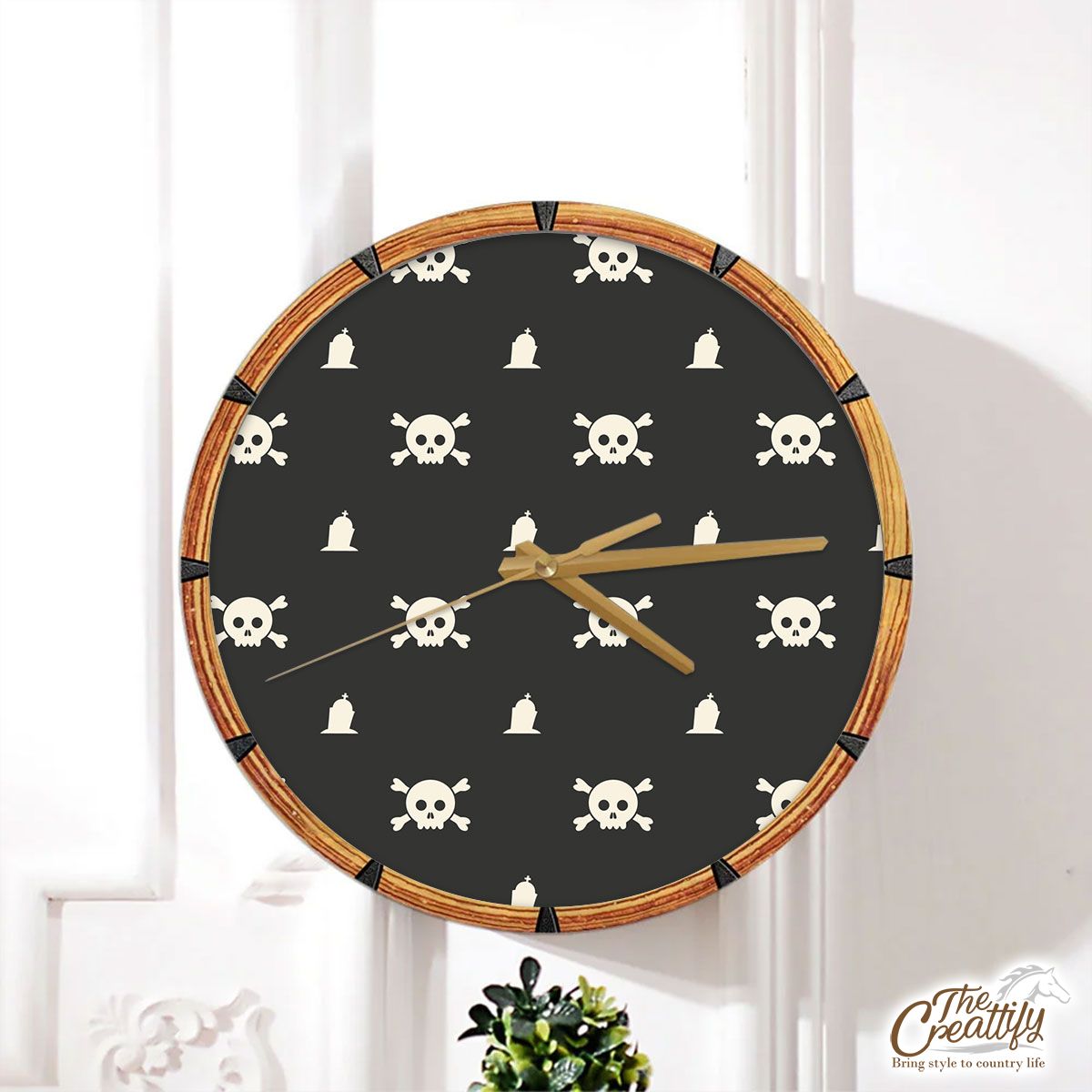 White Skull With Tombstone Halloween Wall Clock