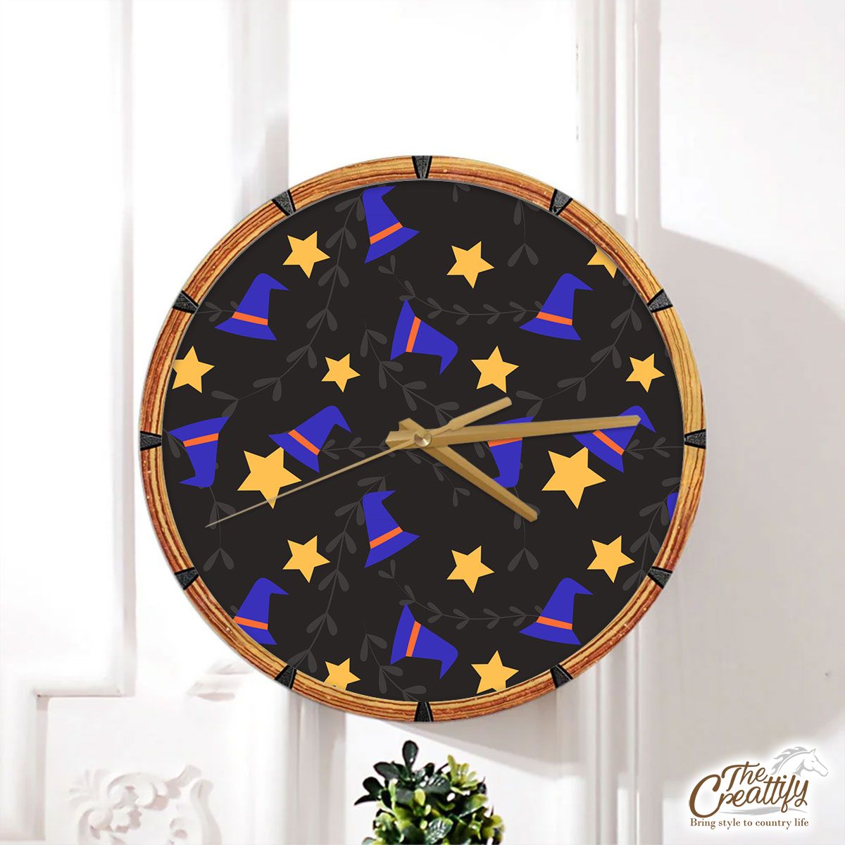 Witch Hat And Yellow Star Halloween Wall Clock