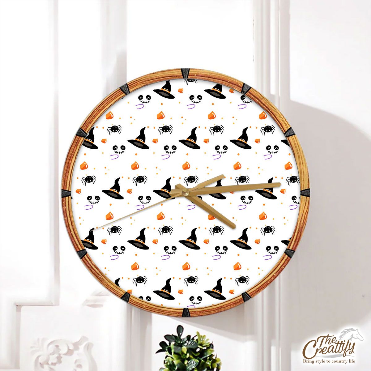 Witch Hat and Spider, Halloween Scary With Boo White Wall Clock