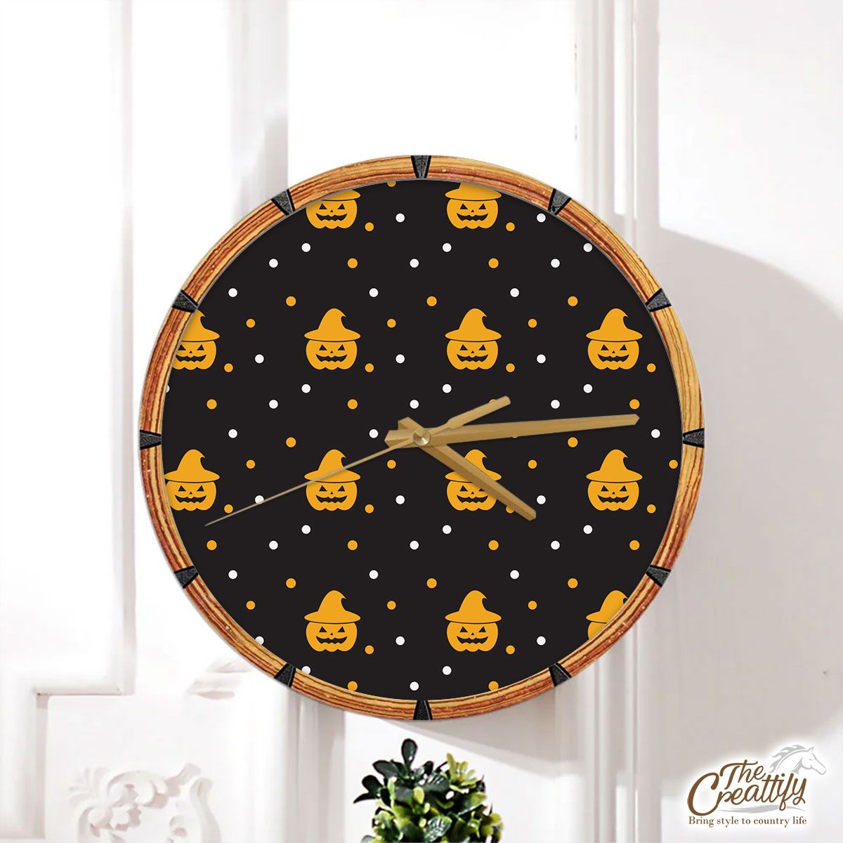 Yellow pumpkin with witch hat Halloween Wall Clock