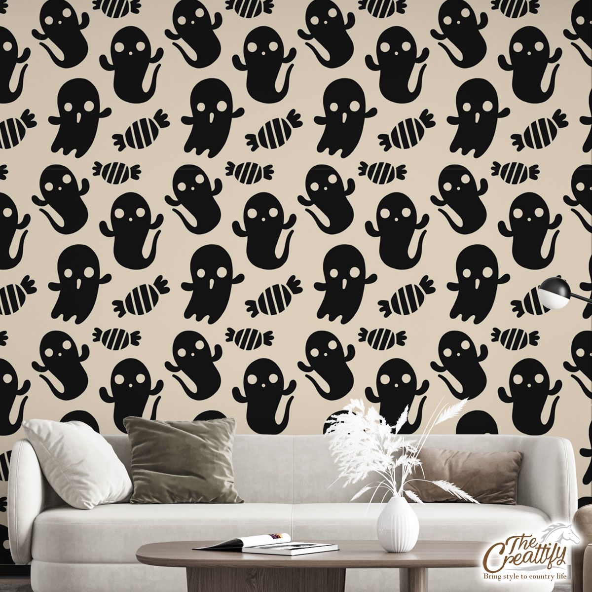 Black And White Cute Ghost With Halloween Candy Wall Mural