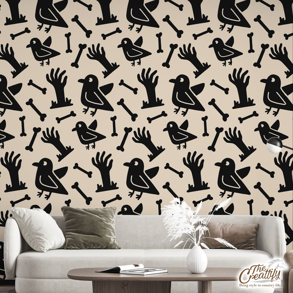 Black And White Halloween Owl With Bone Wall Mural
