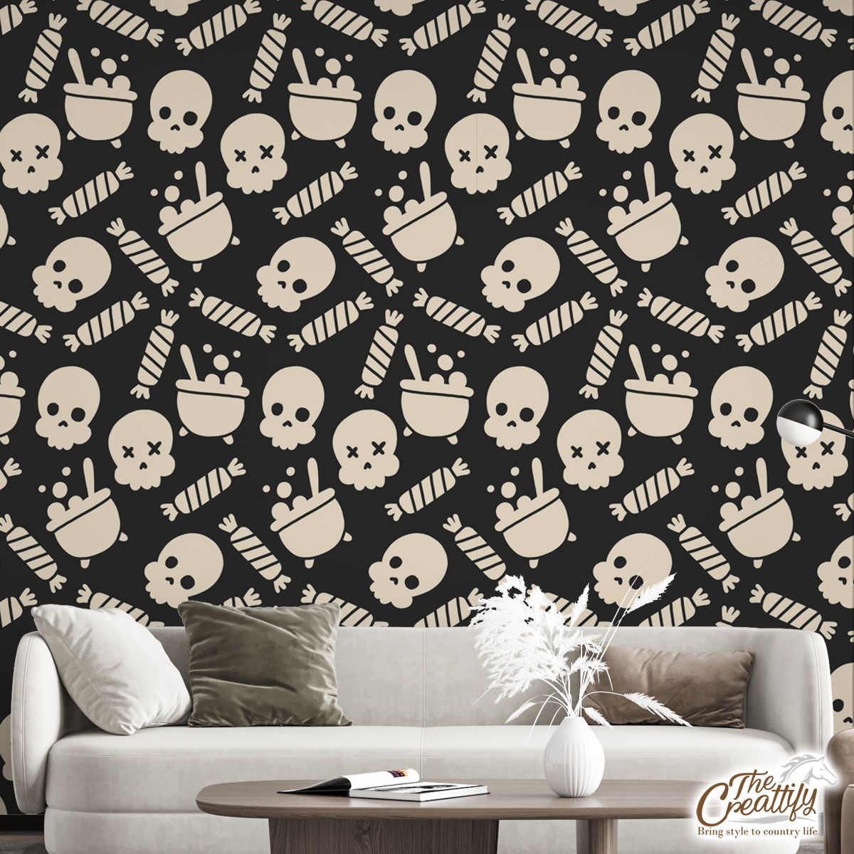 Black And White Skull Emoji With Halloween Candy Wall Mural