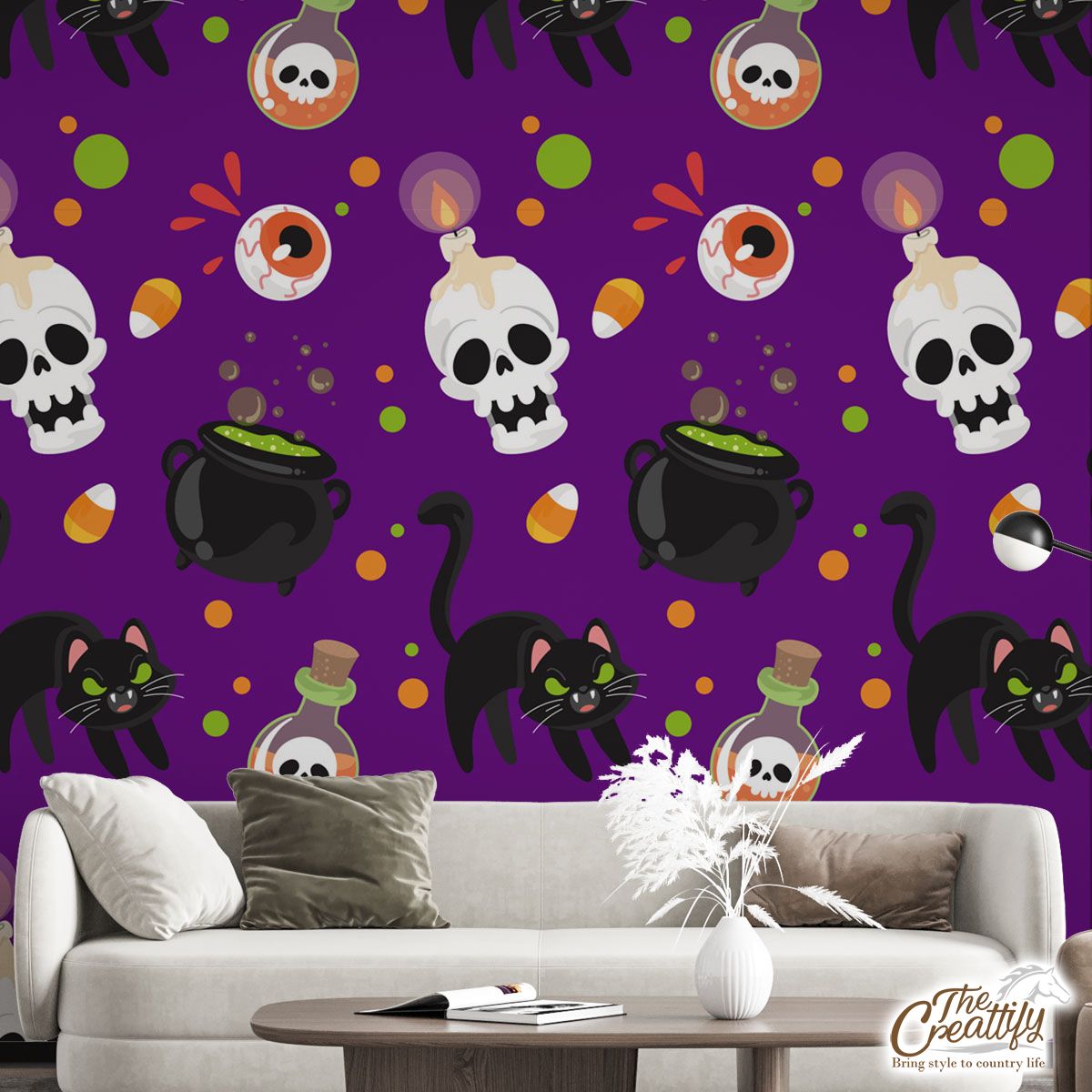 Black Cat And Skull On The Spooky Background Halloween Wall Mural