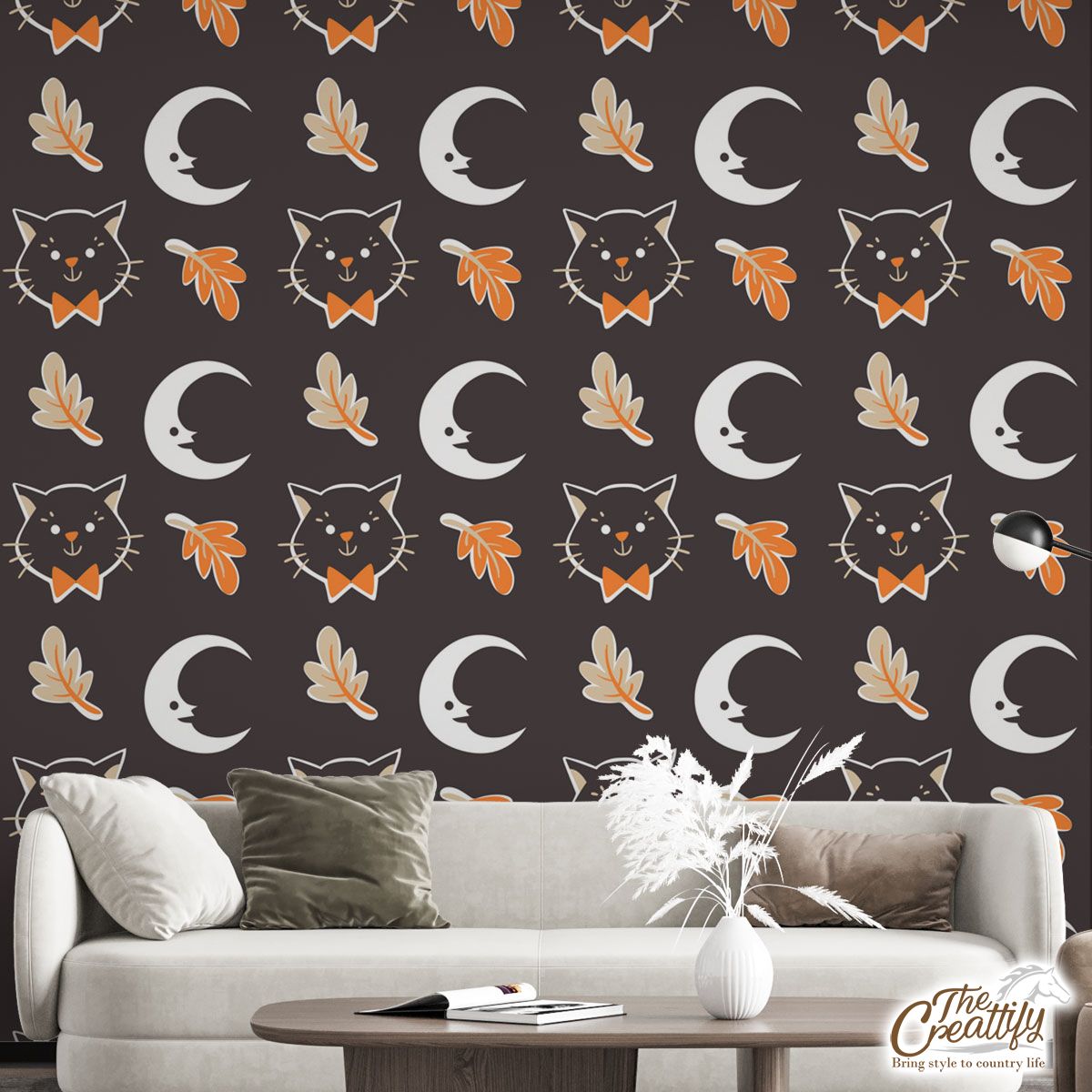 Black Cat With Fall Leaves And Moon Halloween Wall Mural