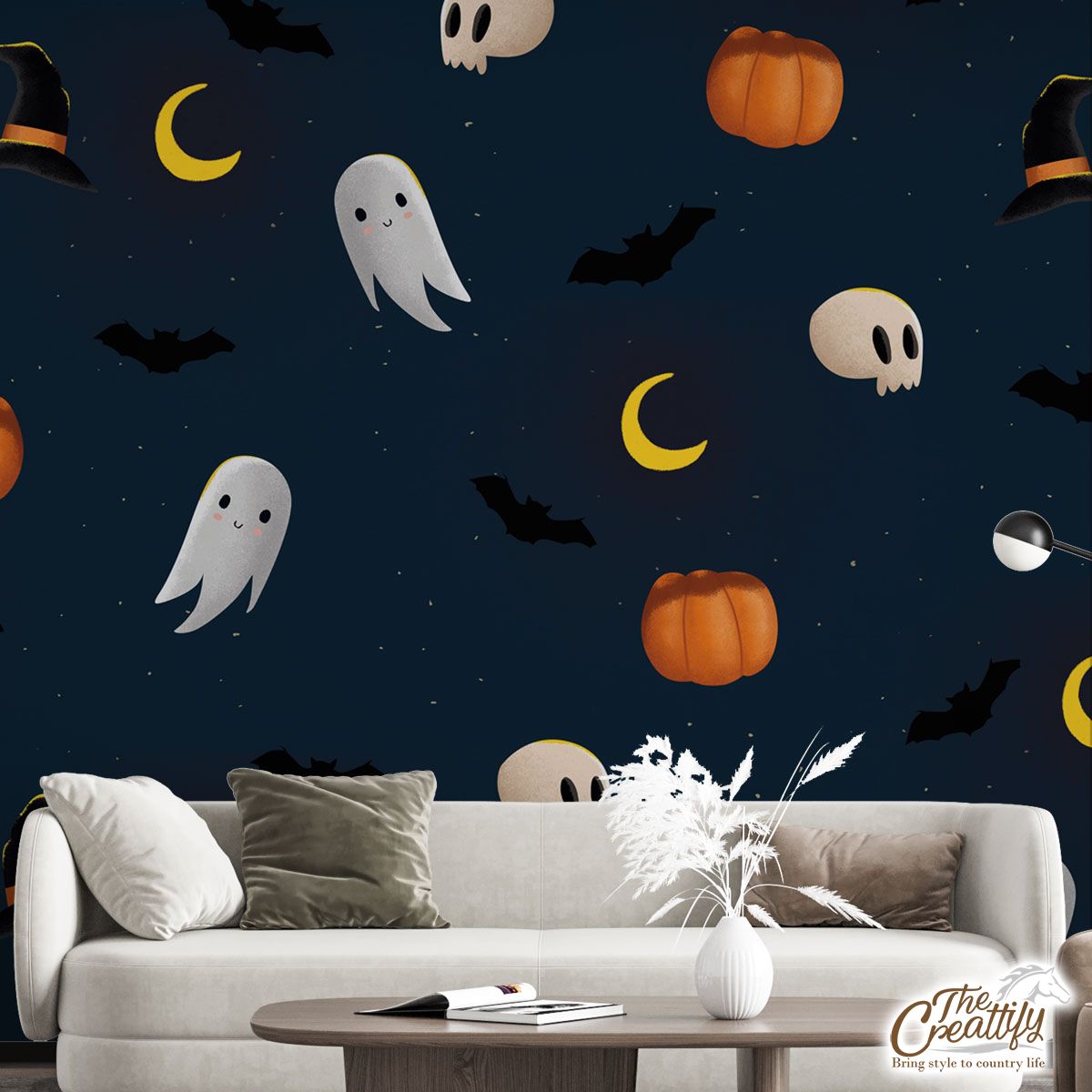 Cute Boo Ghost, Pumpkins With Moon Halloween Wall Mural