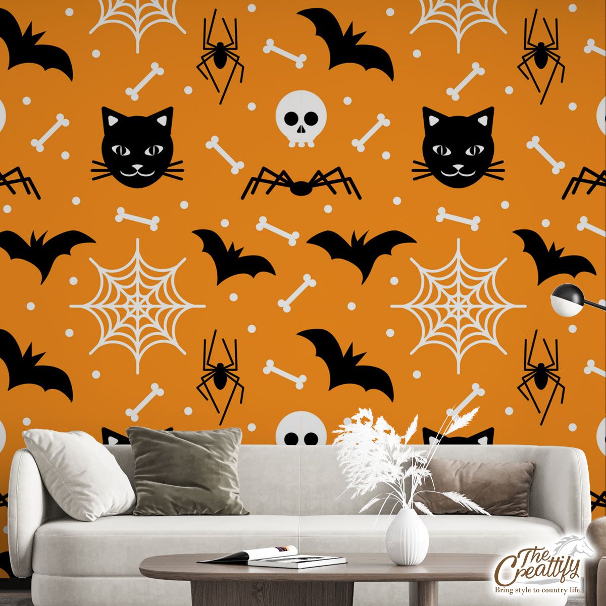Cute Halloween Ghost  With Cat and Bat Wall Mural