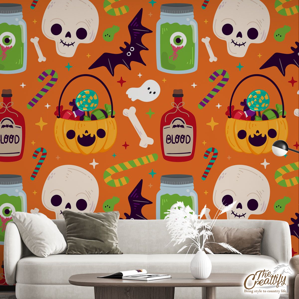 Cute Pumpkin, Jack O Lantern Full of Candy, Witch Potions and Bat Orange Halloween Wall Mural