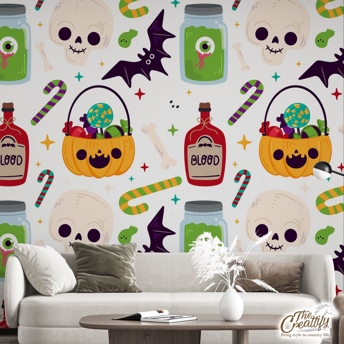 Cute Pumpkin, Jack O Lantern Full of Candy, Witch Potions and Bat White Halloween Wall Mural