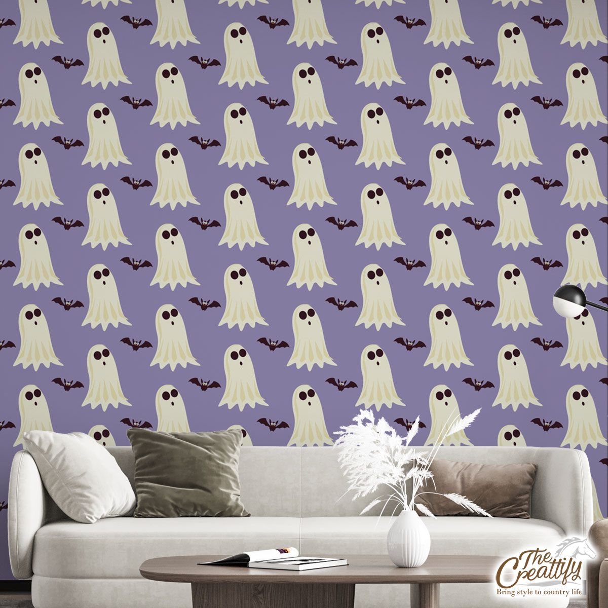 Cute and Funny White Boo Ghost And Bat Halloween Wall Mural