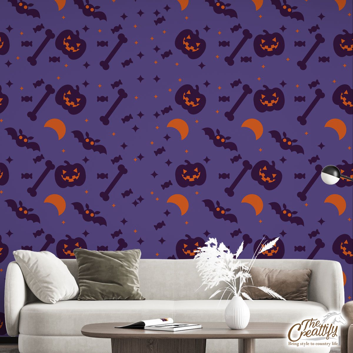 Funny Halloween Pumpkin Face, Jack O Lantern, Halloween Skeleton, Bats Wall Mural