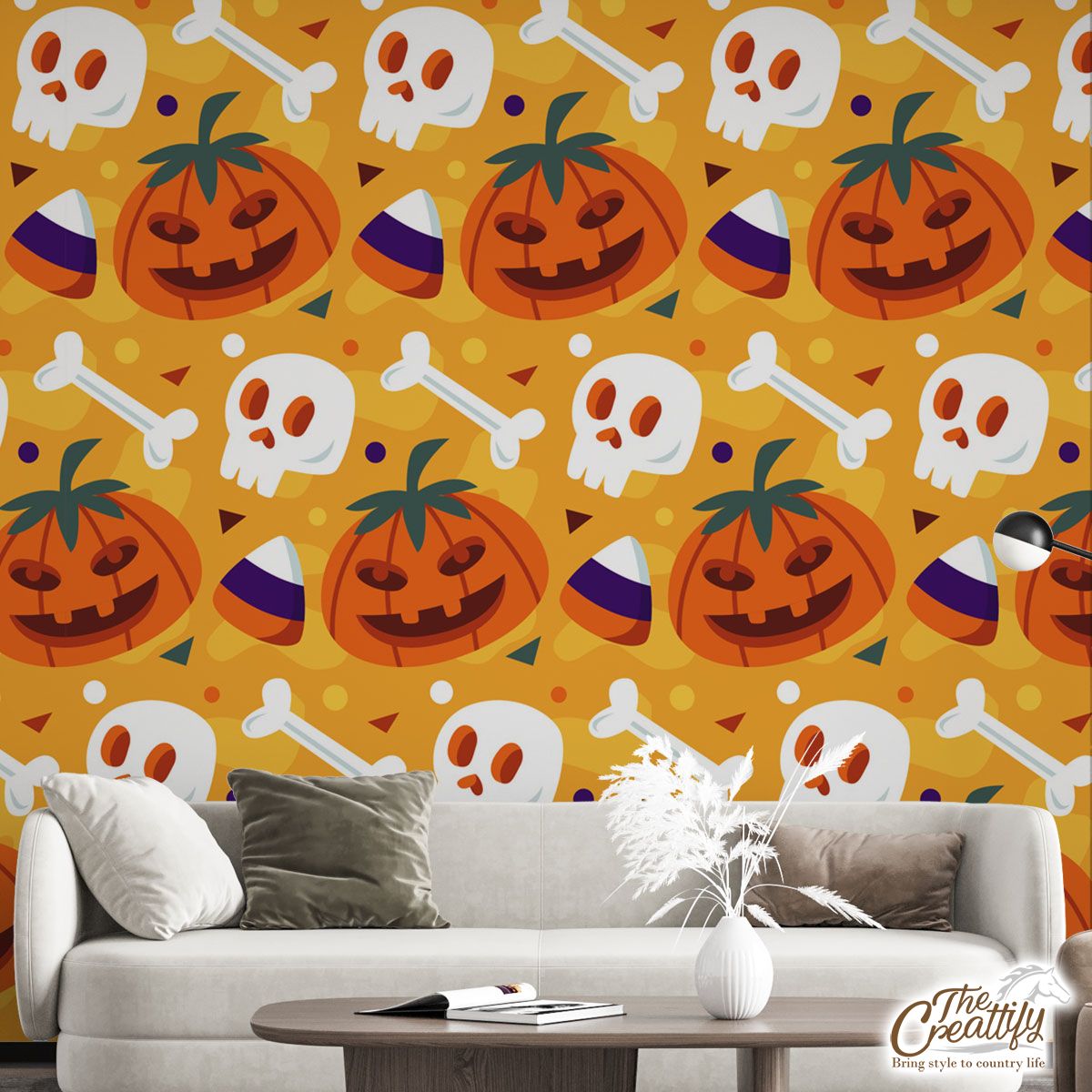 Funny Halloween Pumpkin Face, Jack O Lantern, Halloween Skeleton Wall Mural
