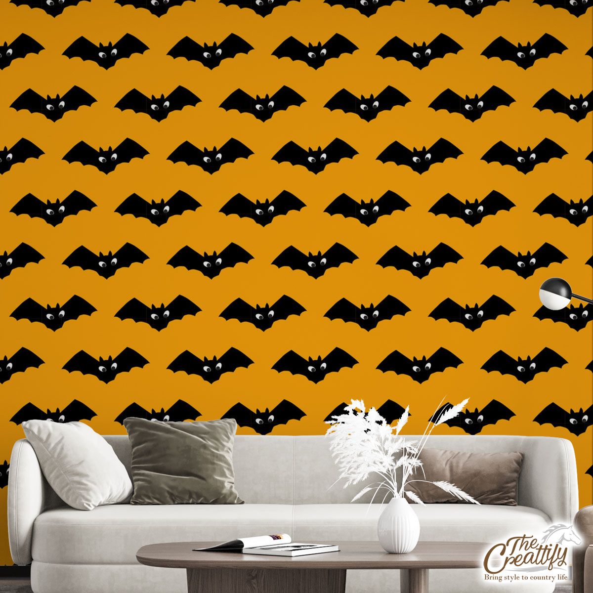 Halloween Bats On Orange Background Wall Mural