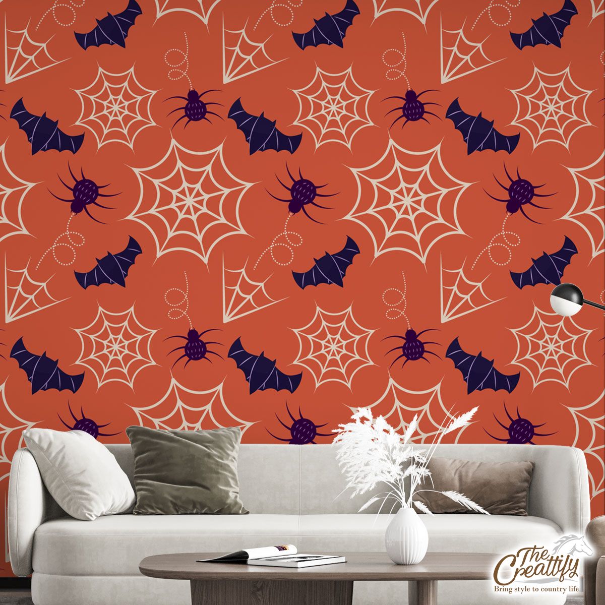 Halloween Bats With Spider Web Orange Wall Mural