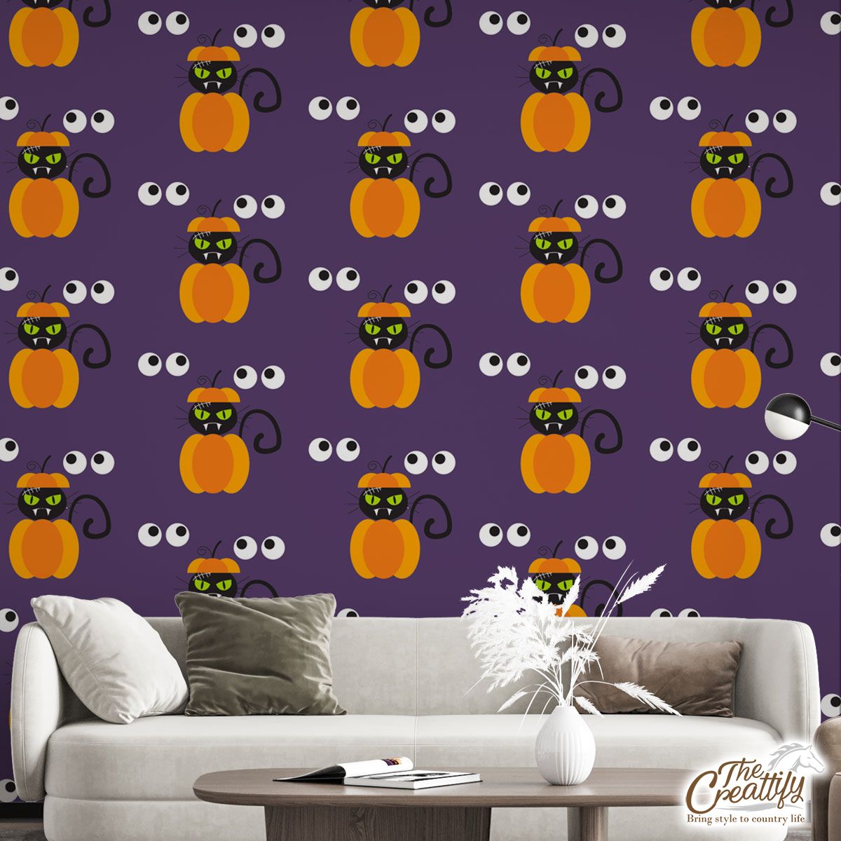 Halloween Black Cat in Pumpkin Jack O Lantern Wall Mural