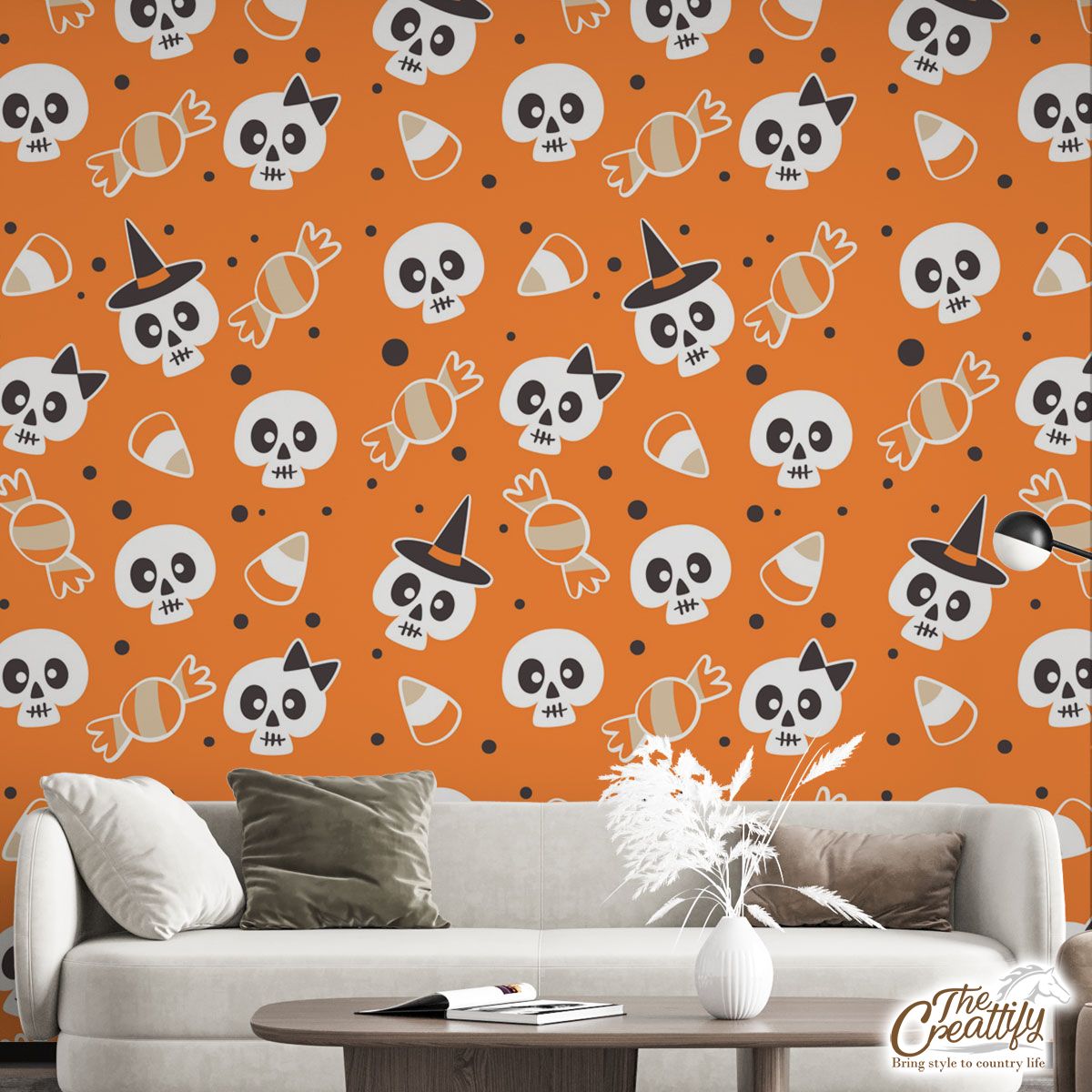 Halloween Candy Cartoon Skull With Witch Hat On Orange Color Background Wall Mural