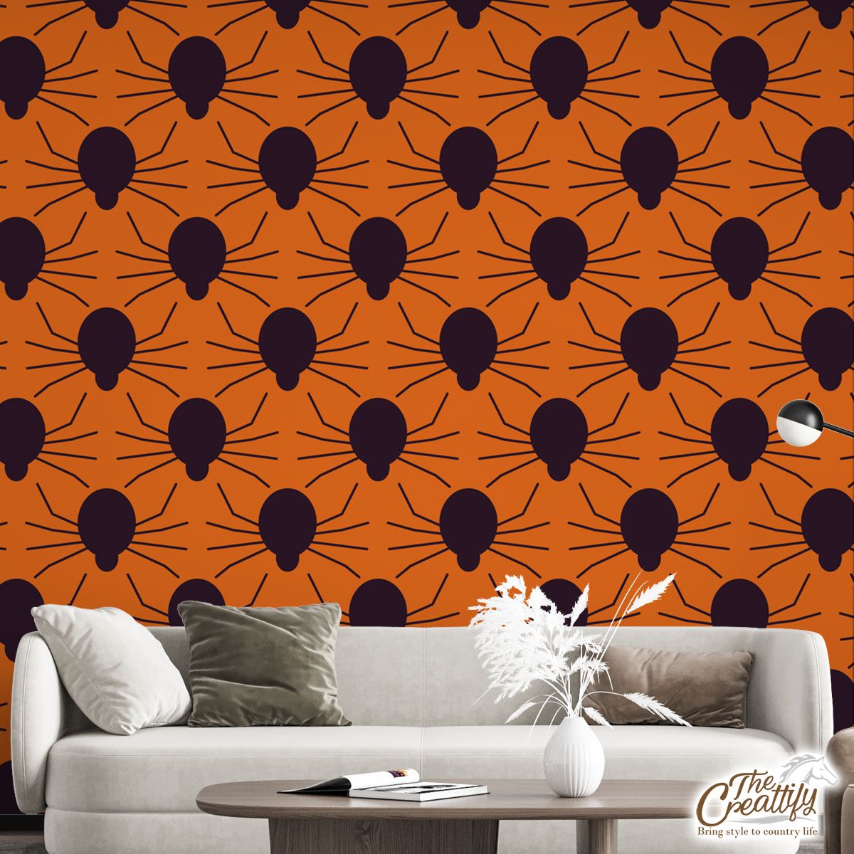 Halloween Orange Color Seamless Spider Wall Mural