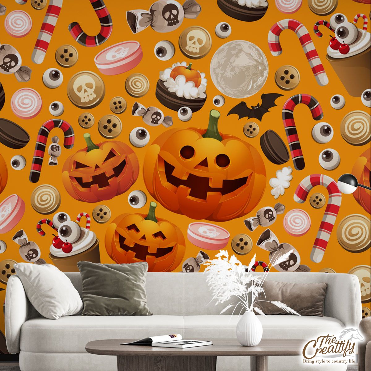 Halloween Party Food On Orange Background Wall Mural