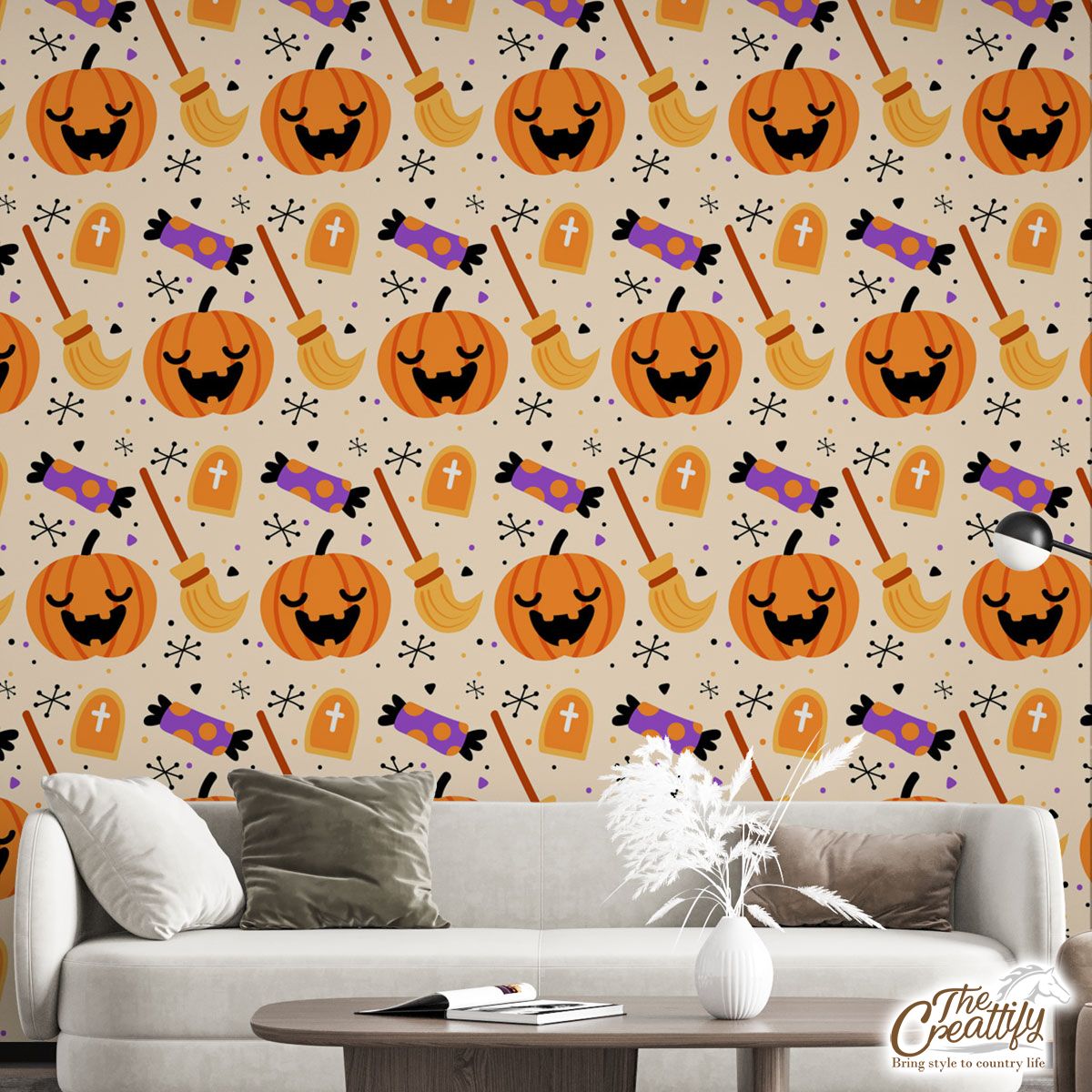 Halloween Pumpkin Face, Jack O Lantern, Candy Halloween, Witch Broom Orange Wall Mural