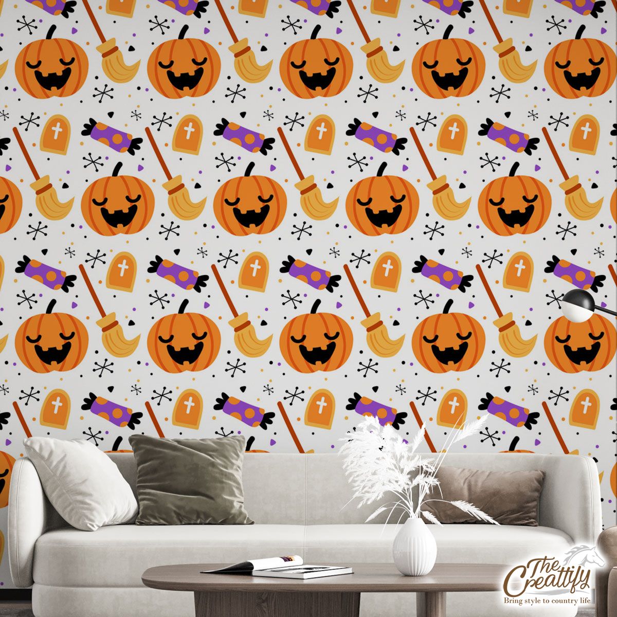 Halloween Pumpkin Face, Jack O Lantern, Candy Halloween, Witch Broom White Wall Mural