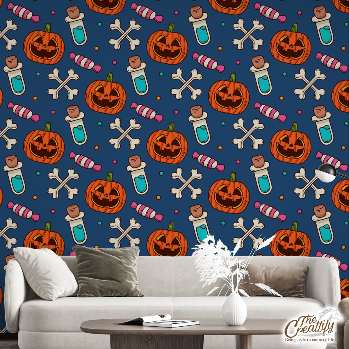 Halloween Scary Pumpkin Face With Candy And Bone Wall Mural