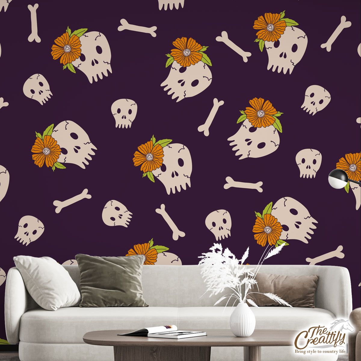 Halloween Skull Seamless Pattern With Sunflower Wall Mural