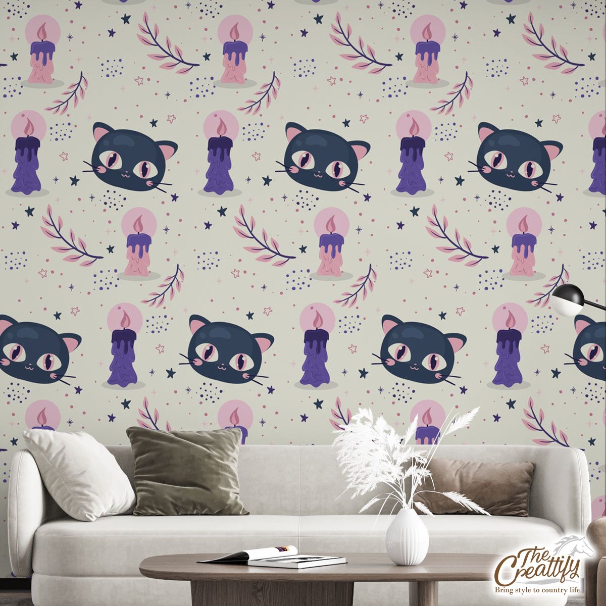 Happy Halloween With Black Cat On The Light Background Wall Mural