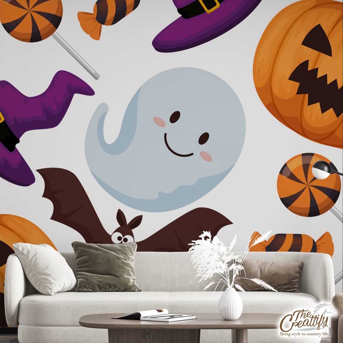 Happy Halloween With Cartoon Bat, Cute Ghost, Scary Pumpkin Face And Halloween Candy Wall Mural