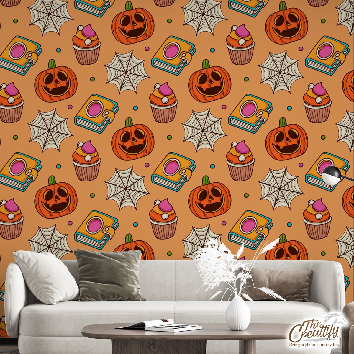 Happy Halloween With Pumpkin, Spider Web And Cartoon Cupcake Wall Mural