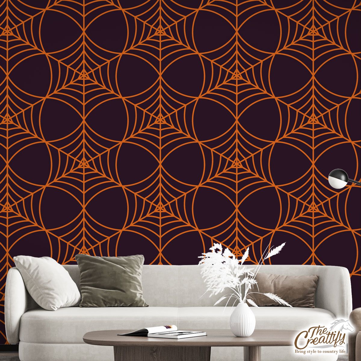 Orange Color Seamless Spider Web Halloween Wall Mural