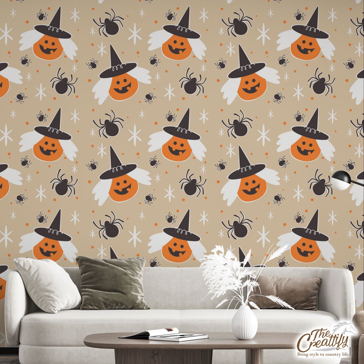Pumpkins With Witch Hat On A Light Background Halloween Wall Mural