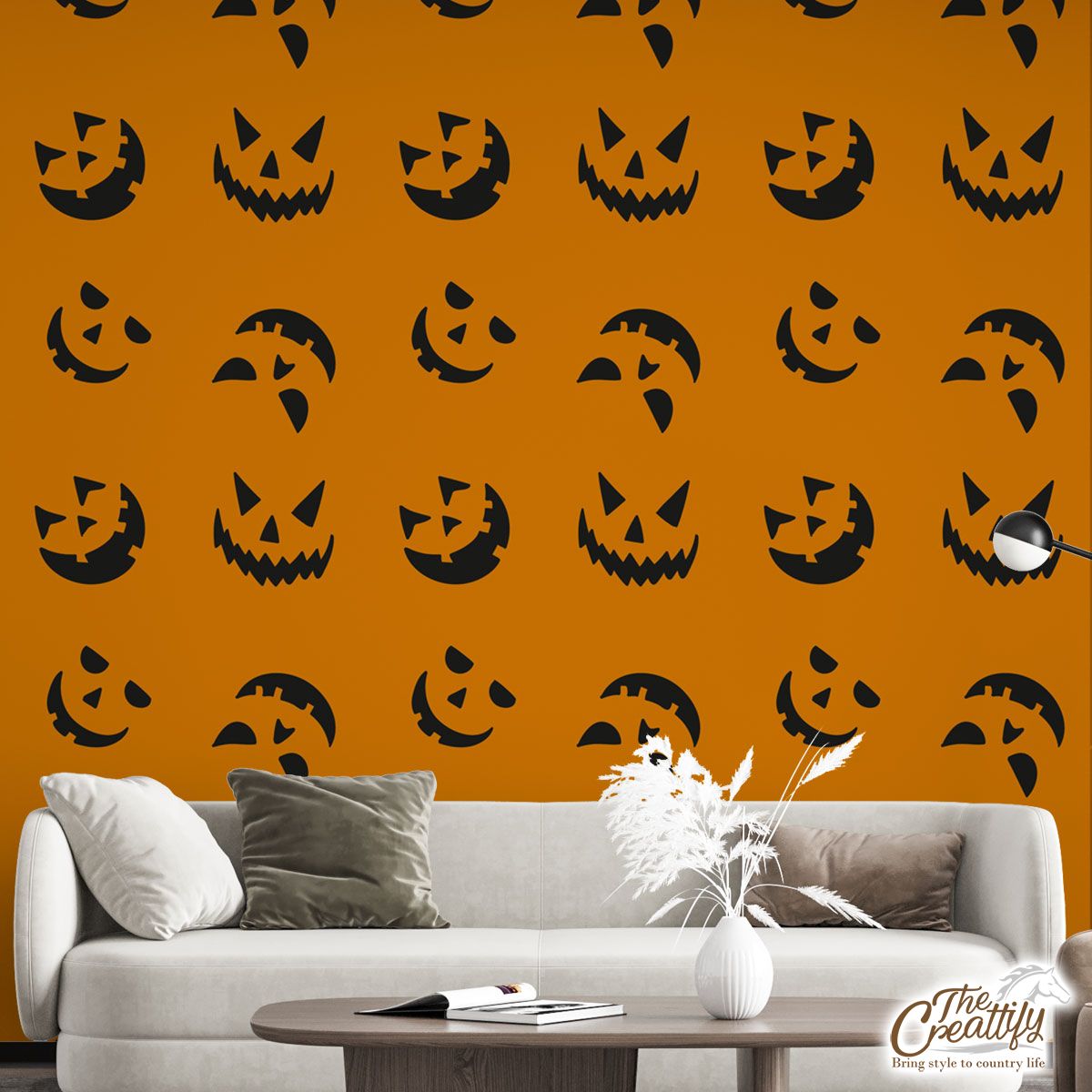 Scary Face On The Orange Color Background Halloween Wall Mural