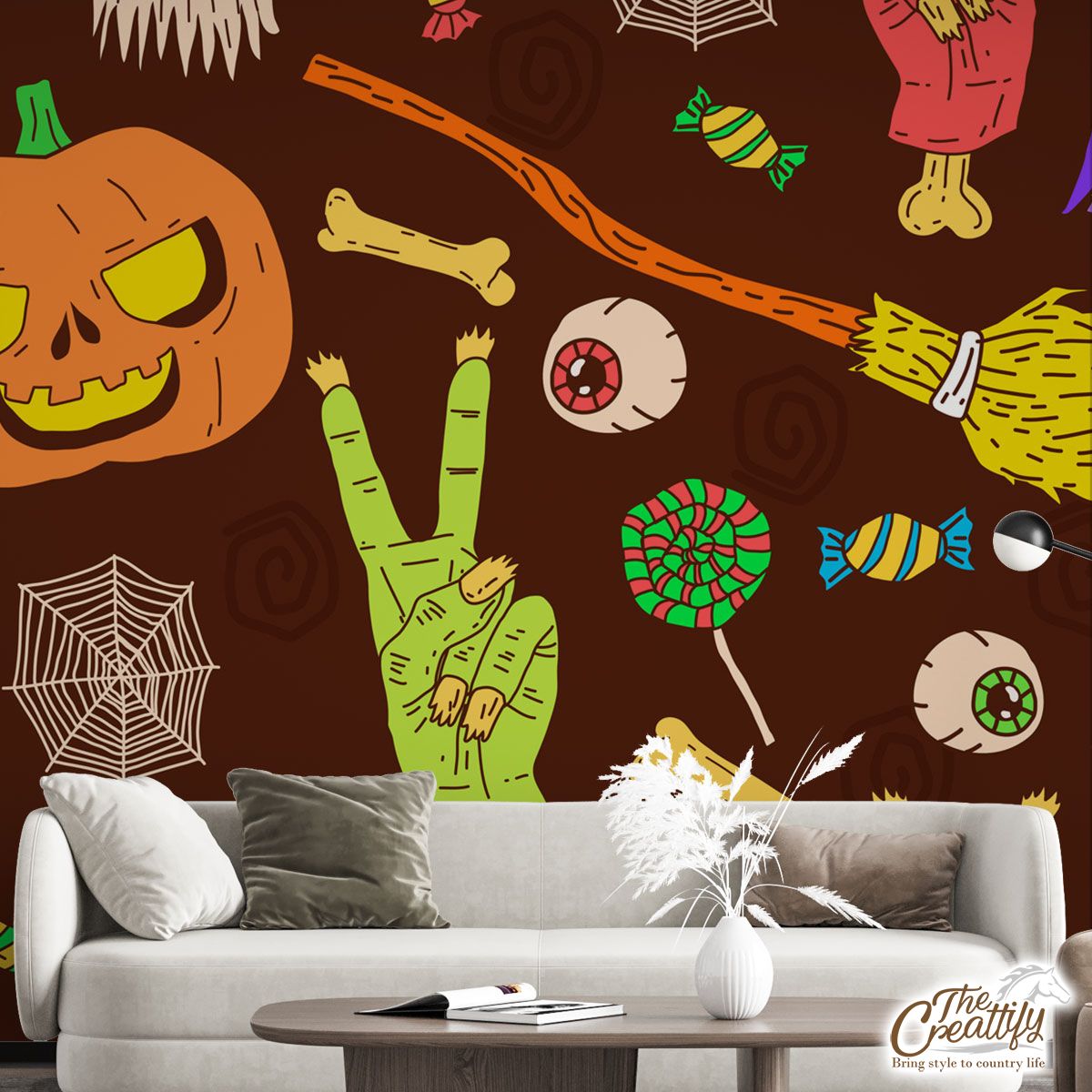 Scary Halloween Eyeballs With Pumpkin Jack O Lantern and Bone Wall Mural