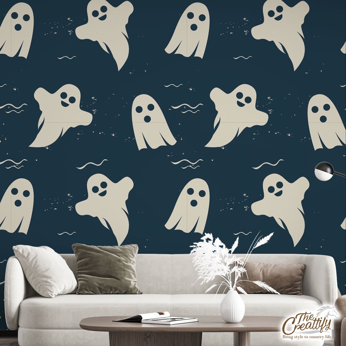 Scary Halloween Ghosts Seamless Pattern Blue Boo Wall Mural