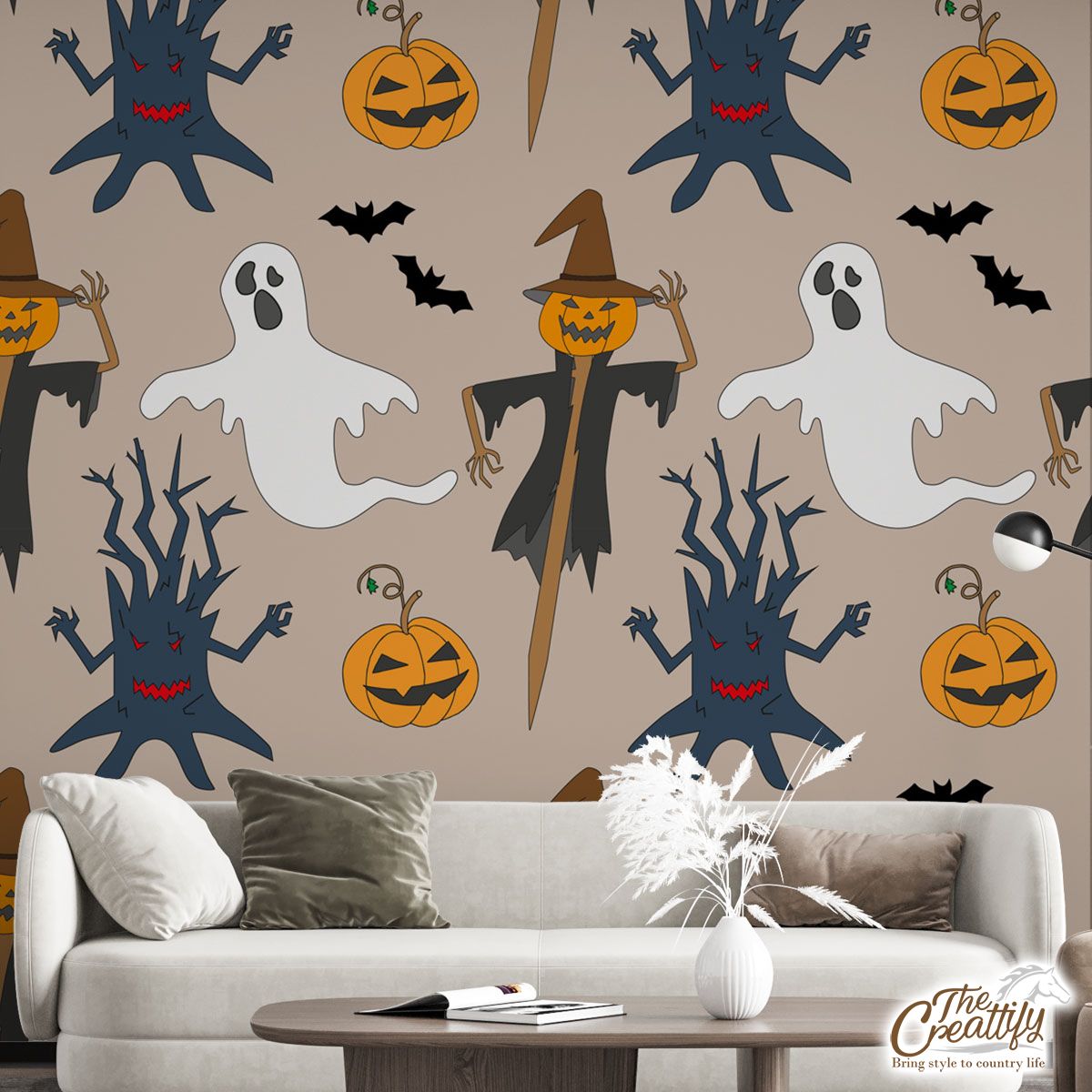 Scary Halloween Straw Scarecrow With Hat Pumpkin and Ghost Wall Mural