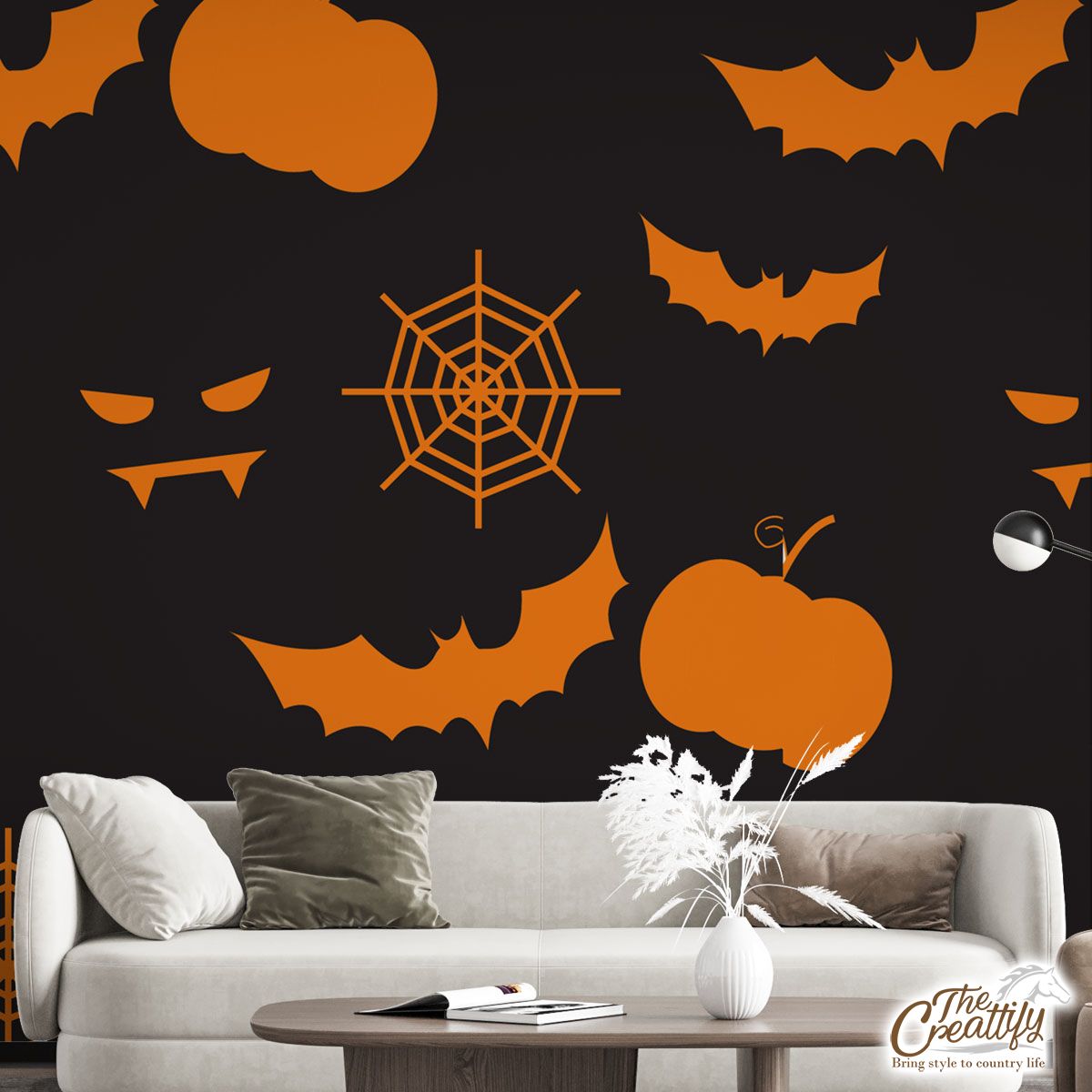 Scary Halloween Vampire  With Pumpkin Jack O Lantern and Bat Wall Mural