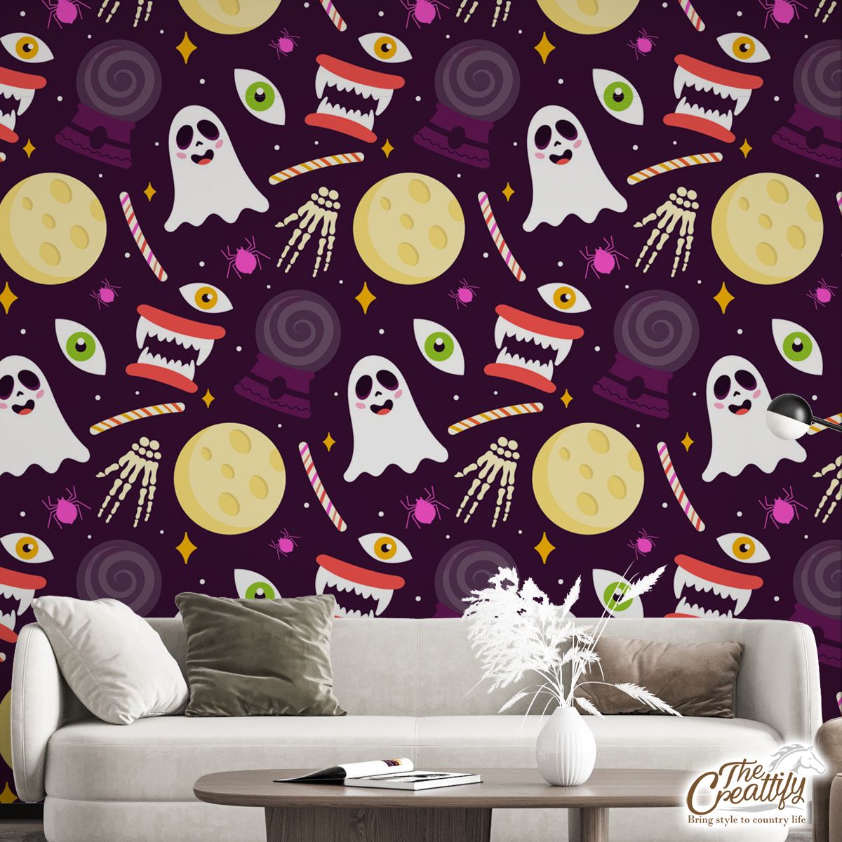 Scary Halloween, Halloween Candy With Boo, Creepy Hand, Halloween Skeleton Purple Wall Mural