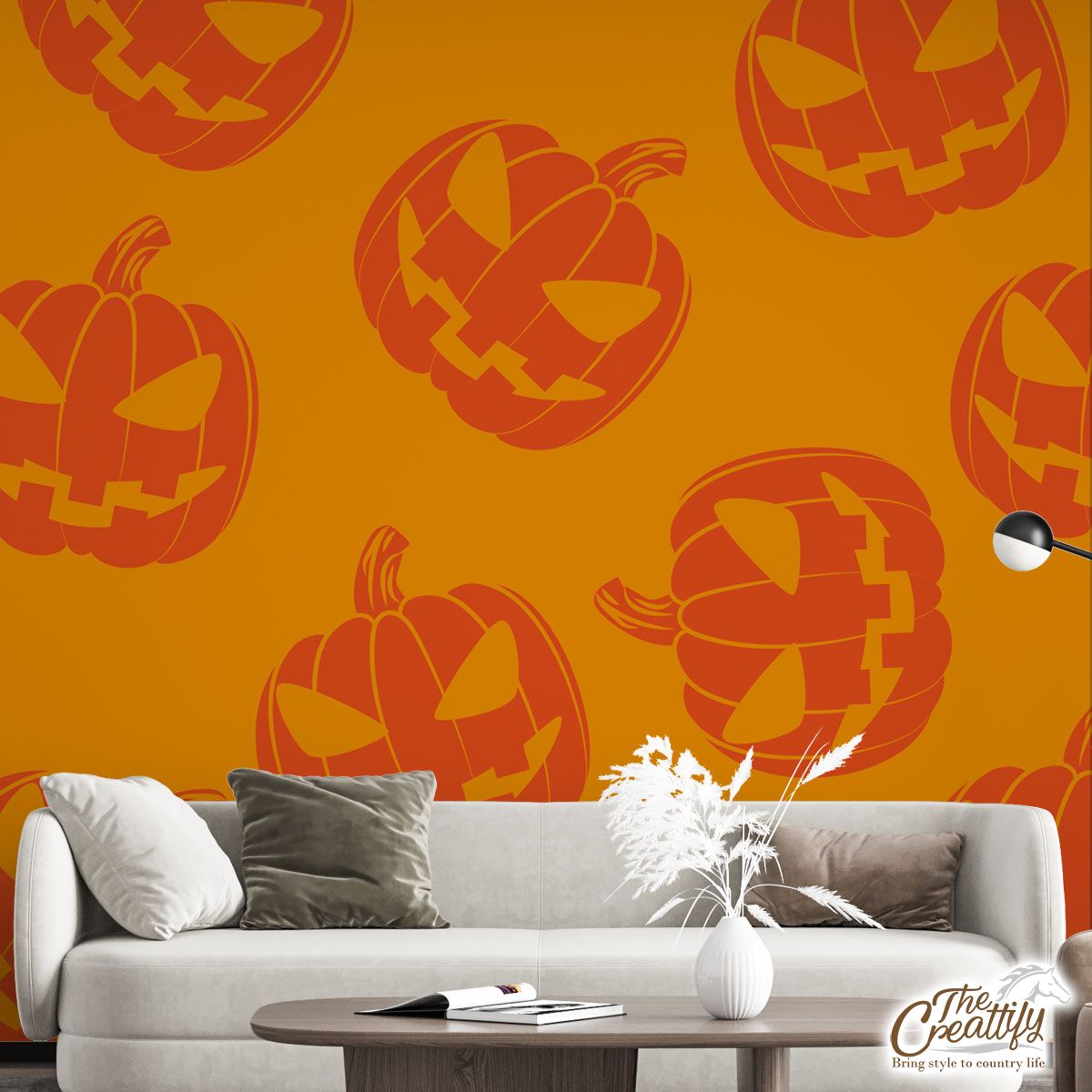 Scary Pumpkin Face On The Orange Color Background Halloween Wall Mural