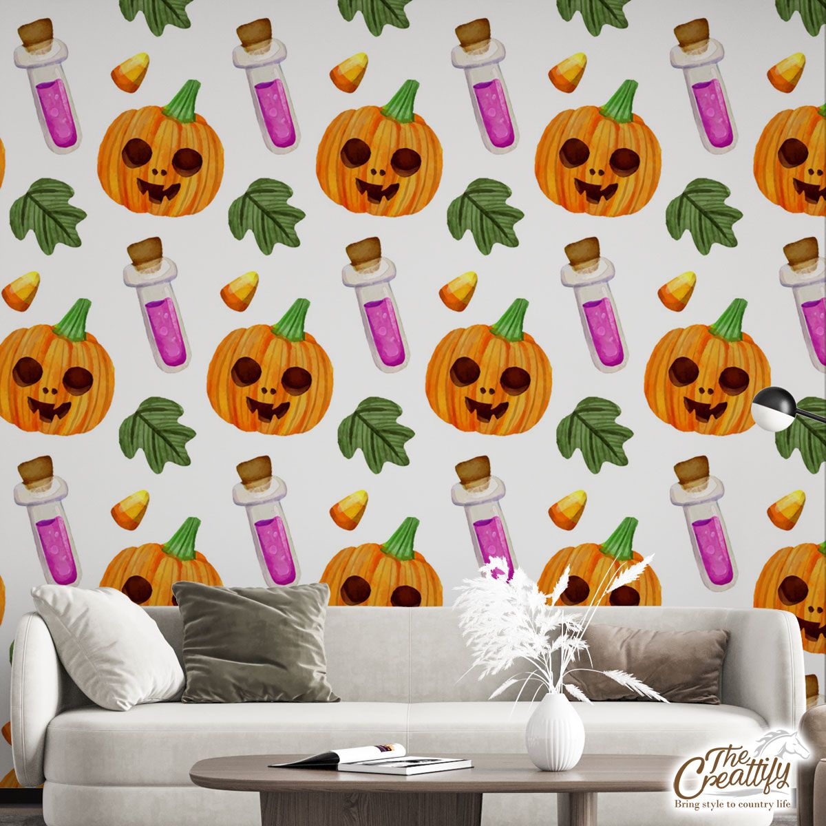 Scary Pumpkin Face and Witch Potions White Halloween Wall Mural