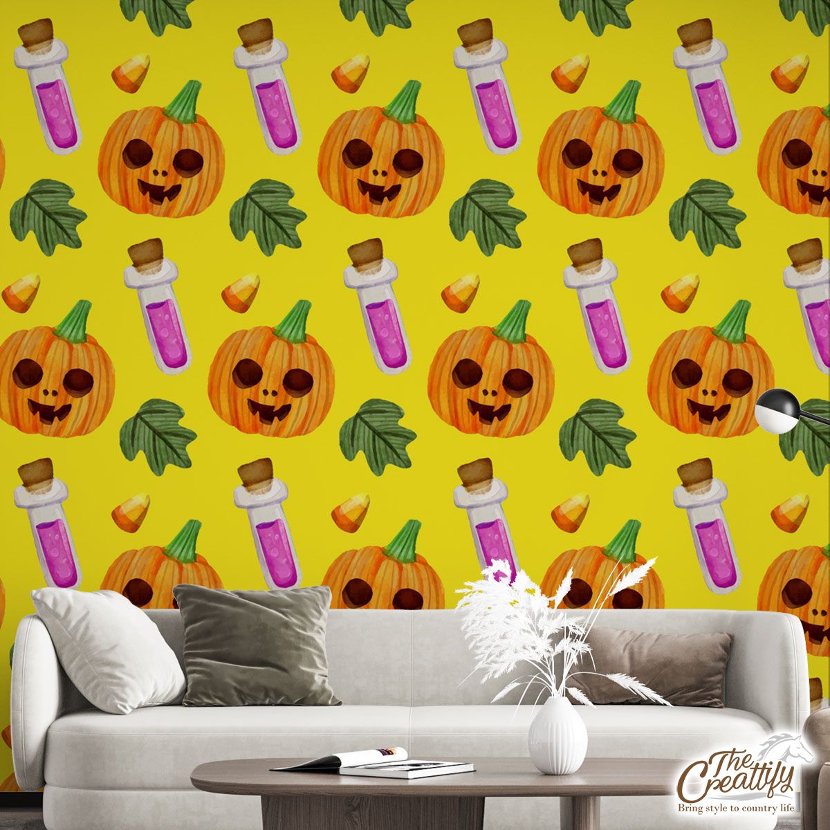 Scary Pumpkin Face and Witch Potions Yellow Halloween Wall Mural