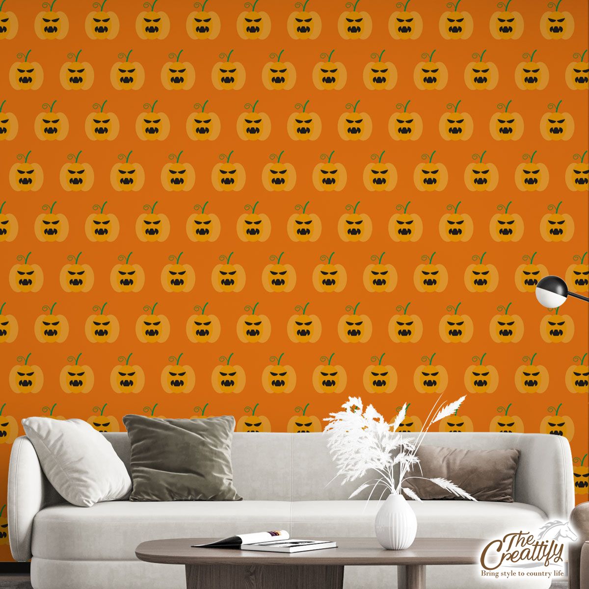 Scary Pumpkin Faces On Halloween Background Wall Mural