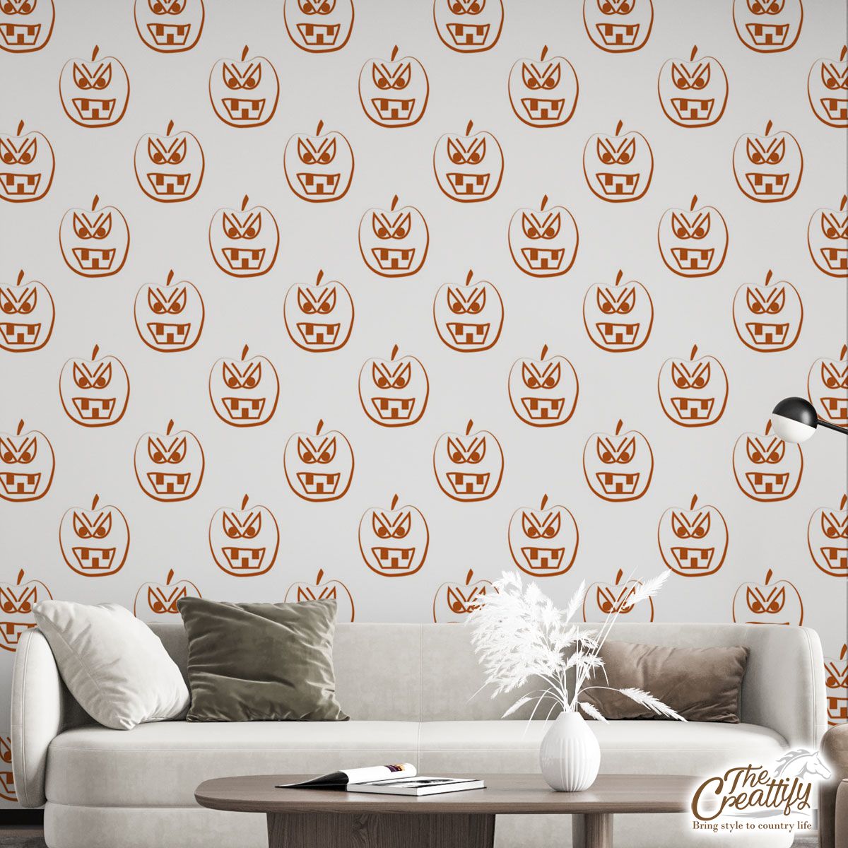 Scary Pumpkin Faces On White Background Halloween Wall Mural