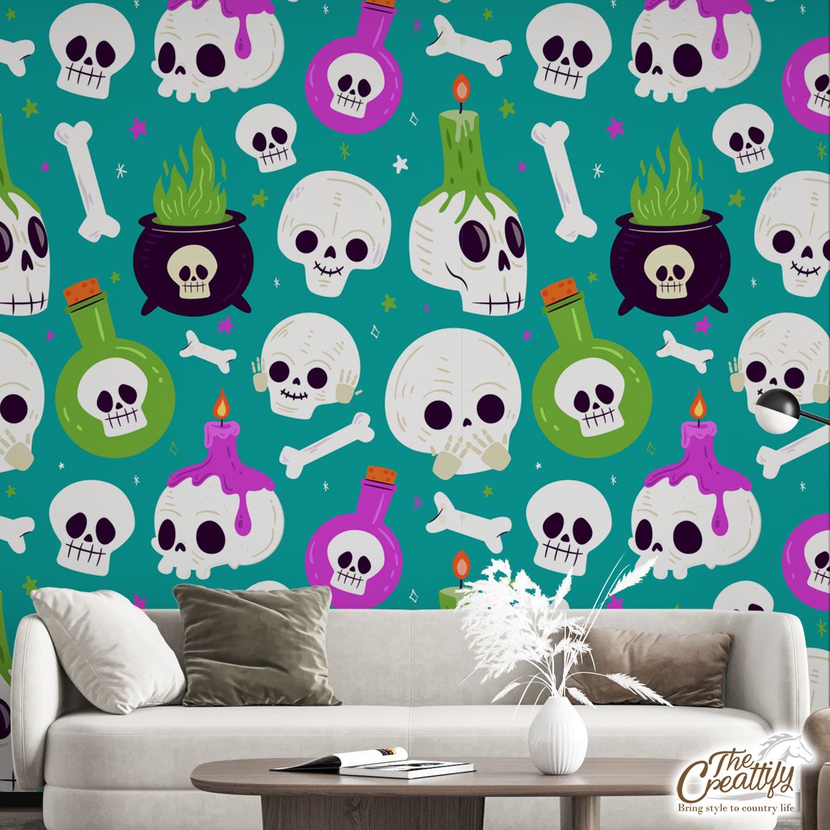 Skull, Funny Skull, Witch Cauldron and  Halloween Skeleton Blue Wall Mural
