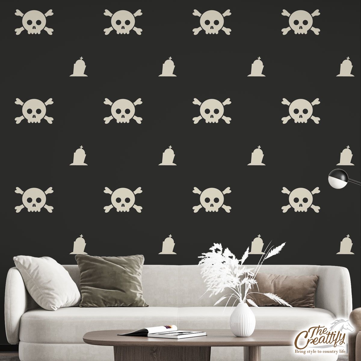 White Skull With Tombstone Halloween Wall Mural