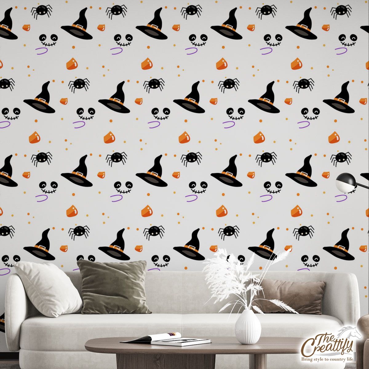 Witch Hat and Spider, Halloween Scary With Boo White Wall Mural