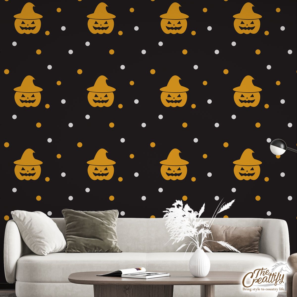 Yellow pumpkin with witch hat Halloween Wall Mural